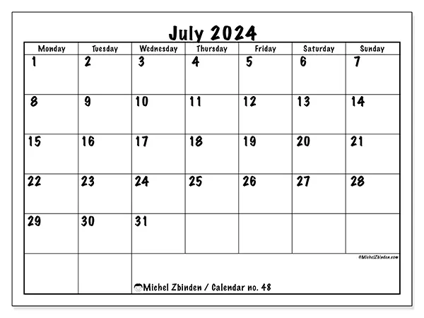 Free printable calendar no. 48 for July 2024. Week: Monday to Sunday.