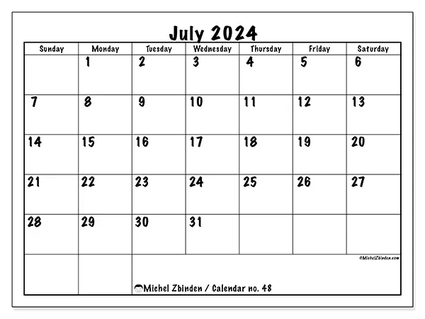 Free printable calendar no. 48 for July 2024. Week: Sunday to Saturday.