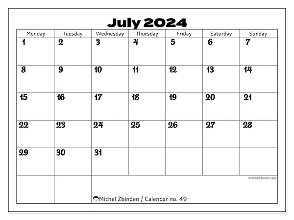 Free printable calendar no. 49 for July 2024. Week: Monday to Sunday.
