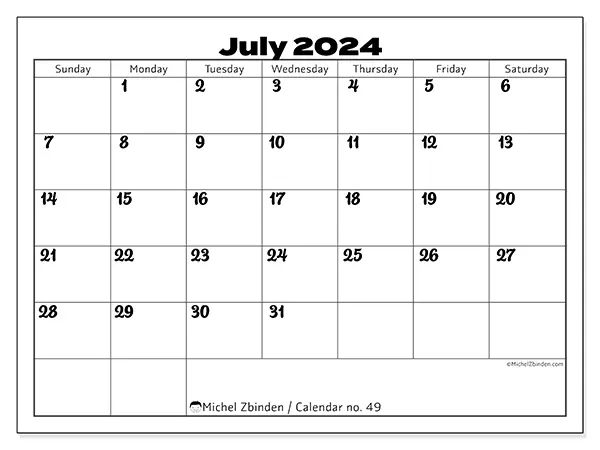 Free printable calendar no. 49 for July 2024. Week: Sunday to Saturday.