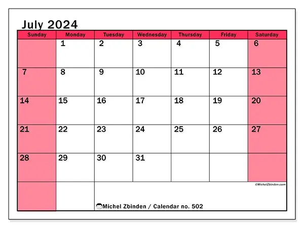 Free printable calendar no. 502 for July 2024. Week: Sunday to Saturday.
