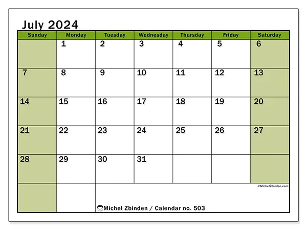 Free printable calendar no. 503 for July 2024. Week: Sunday to Saturday.