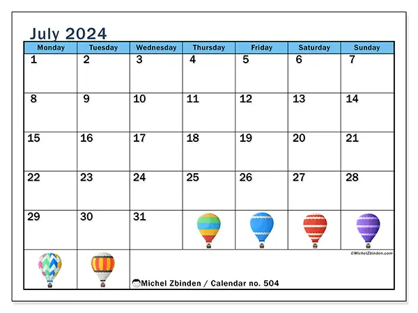 Free printable calendar no. 504 for July 2024. Week: Monday to Sunday.