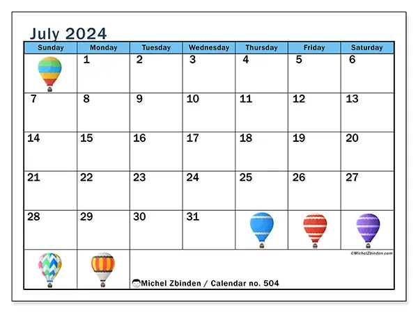 Free printable calendar no. 504 for July 2024. Week: Sunday to Saturday.