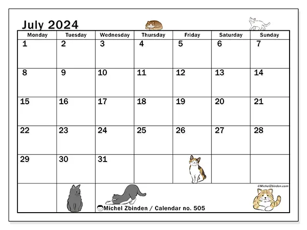 Free printable calendar no. 505 for July 2024. Week: Monday to Sunday.