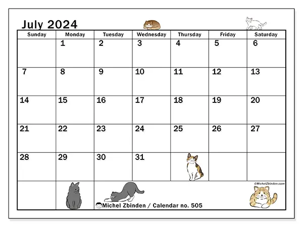Free printable calendar no. 505, July 2025. Week:  Sunday to Saturday