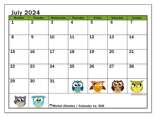 Free printable calendar no. 506 for July 2024. Week: Monday to Sunday.