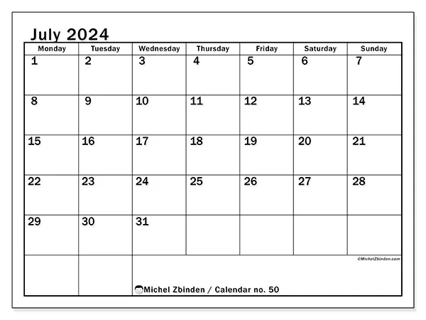 Free printable calendar no. 50 for July 2024. Week: Monday to Sunday.