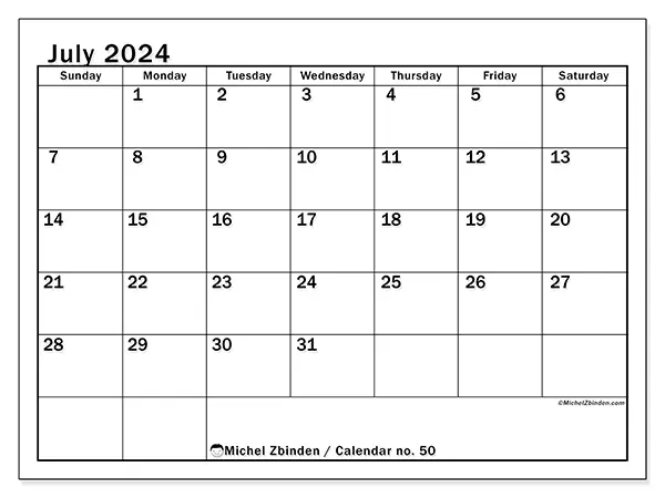 Free printable calendar no. 50 for July 2024. Week: Sunday to Saturday.
