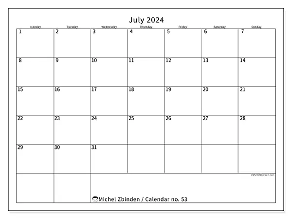 Free printable calendar no. 53 for July 2024. Week: Monday to Sunday.