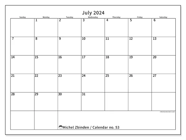 Free printable calendar no. 53 for July 2024. Week: Sunday to Saturday.