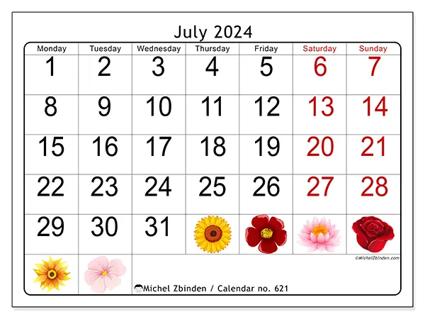 Free printable calendar no. 621 for July 2024. Week: Monday to Sunday.
