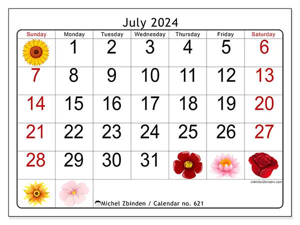 Free printable calendar no. 621 for July 2024. Week: Sunday to Saturday.