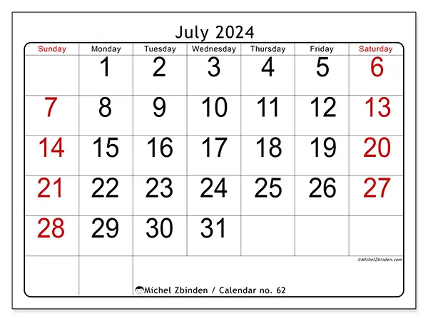 Free printable calendar no. 62 for July 2024. Week: Sunday to Saturday.