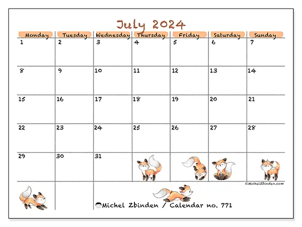 Free printable calendar no. 771 for July 2024. Week: Monday to Sunday.
