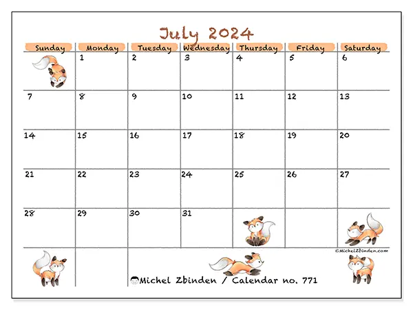 Free printable calendar no. 771 for July 2024. Week: Sunday to Saturday.