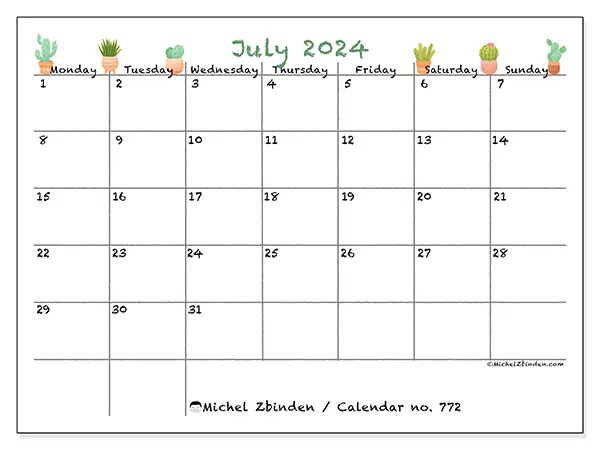 Free printable calendar no. 772 for July 2024. Week: Monday to Sunday.