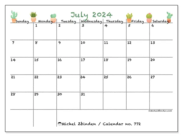 Free printable calendar no. 772 for July 2024. Week: Sunday to Saturday.