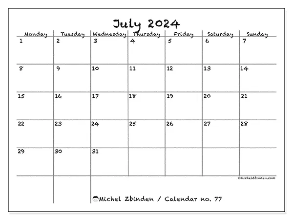Free printable calendar no. 77 for July 2024. Week: Monday to Sunday.