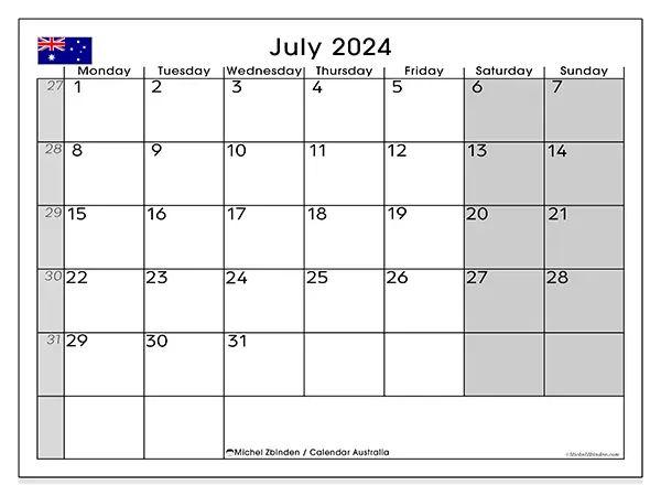 Free printable calendar Australia for July 2024. Week: Monday to Sunday.