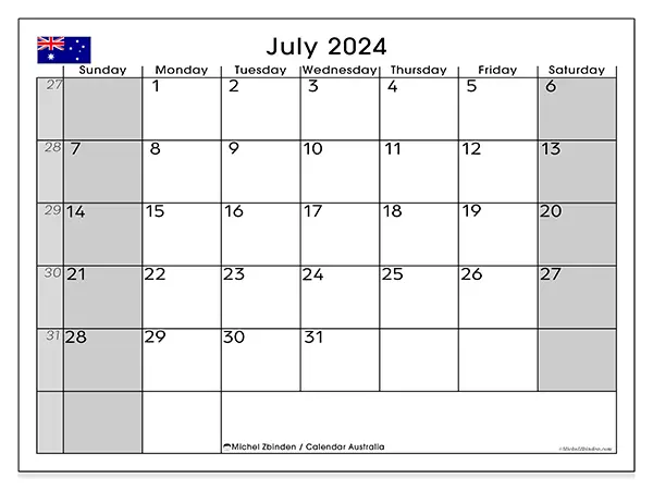 Free printable calendar Australia for July 2024. Week: Sunday to Saturday.