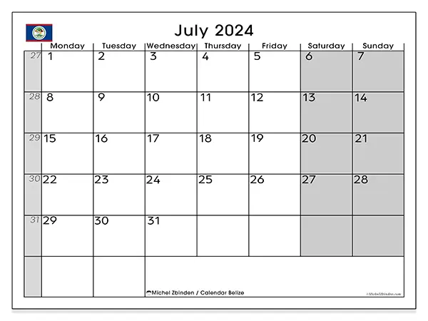 Free printable calendar Belize for July 2024. Week: Monday to Sunday.