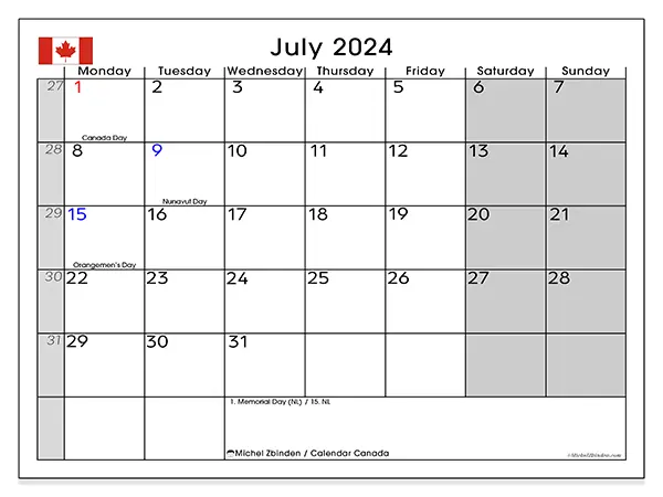 Free printable calendar Canada for July 2024. Week: Monday to Sunday.