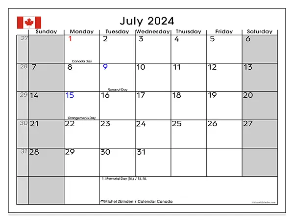 Free printable calendar Canada for July 2024. Week: Sunday to Saturday.