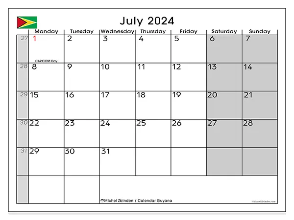 Printable calendar Guyana, July 2024