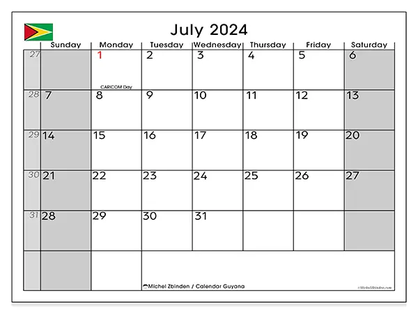 Free printable calendar Guyana for July 2024. Week: Sunday to Saturday.
