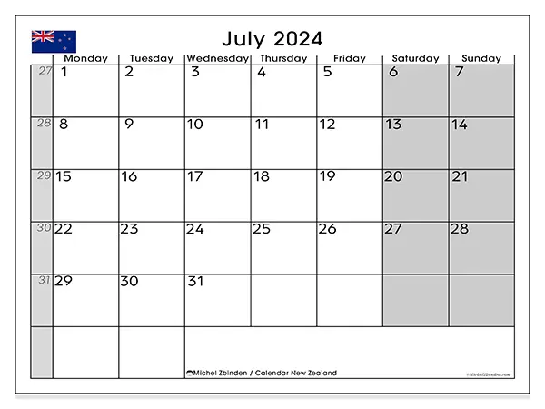 Free printable calendar New Zealand for July 2024. Week: Monday to Sunday.