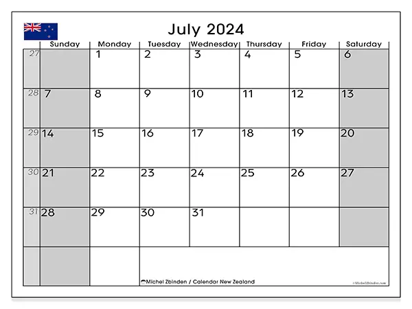 Free printable calendar New Zealand for July 2024. Week: Sunday to Saturday.