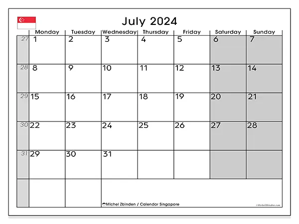 Free printable calendar Singapore for July 2024. Week: Monday to Sunday.