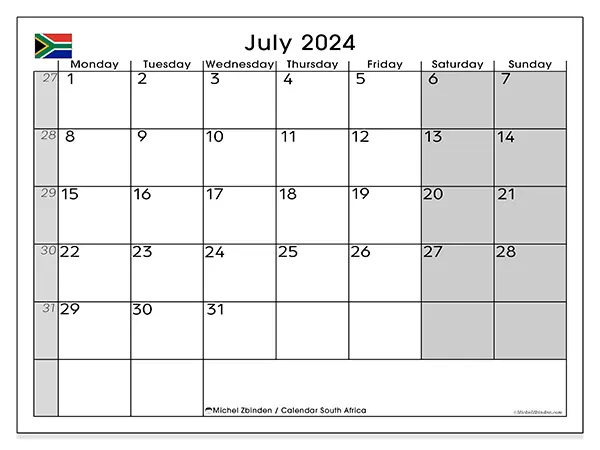 Free printable calendar South Africa for July 2024. Week: Monday to Sunday.