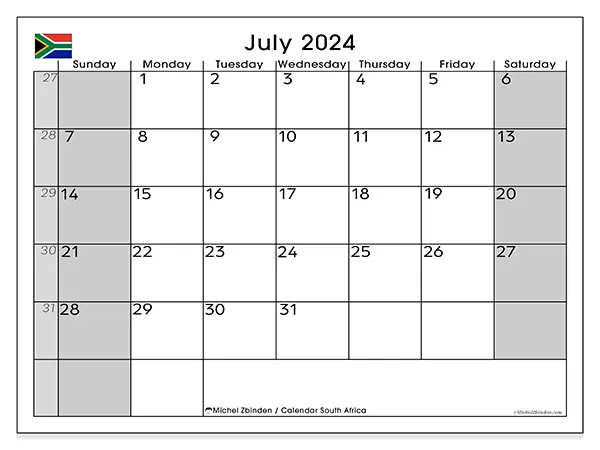 Free printable calendar South Africa for July 2024. Week: Sunday to Saturday.