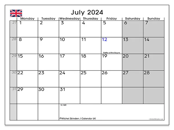 Free printable calendar UK for July 2024. Week: Monday to Sunday.