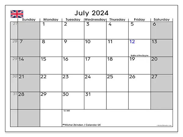 Free printable calendar UK for July 2024. Week: Sunday to Saturday.