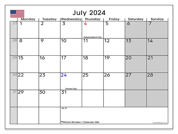 Free printable calendar USA for July 2024. Week: Monday to Sunday.