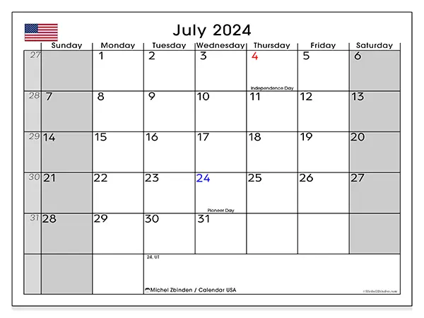 Free printable calendar USA for July 2024. Week: Sunday to Saturday.