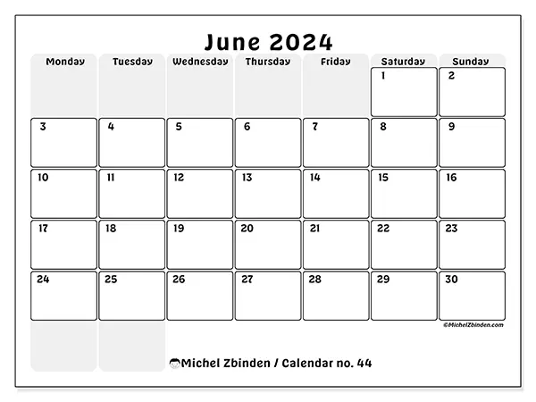 Free printable calendar no. 44 for June 2024. Week: Monday to Sunday.