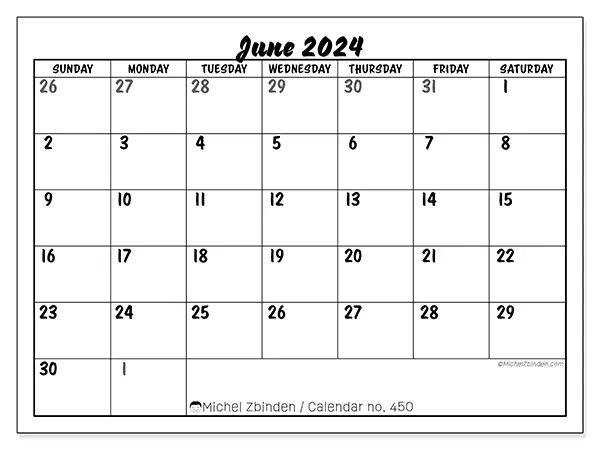 Free printable calendar n° 450 for June 2024. Week: Sunday to Saturday.