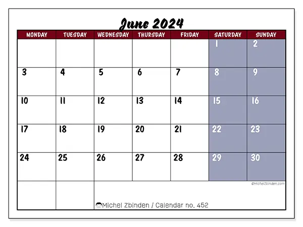 Free printable calendar n° 452 for June 2024. Week: Monday to Sunday.