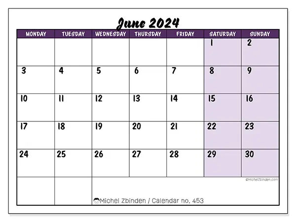 Free printable calendar n° 453 for June 2024. Week: Monday to Sunday.