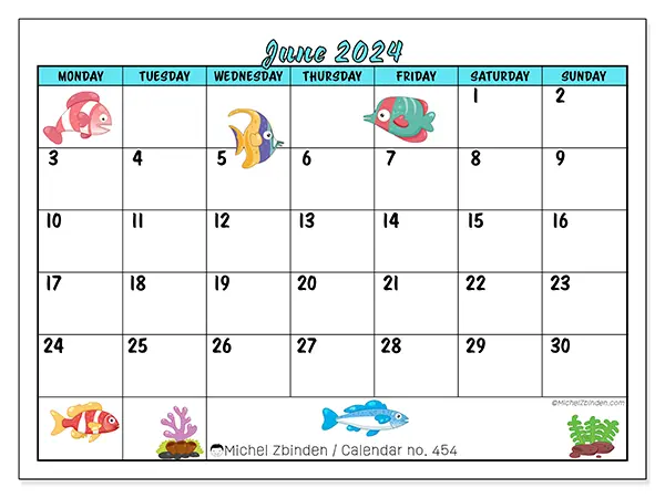 Free printable calendar n° 454 for June 2024. Week: Monday to Sunday.