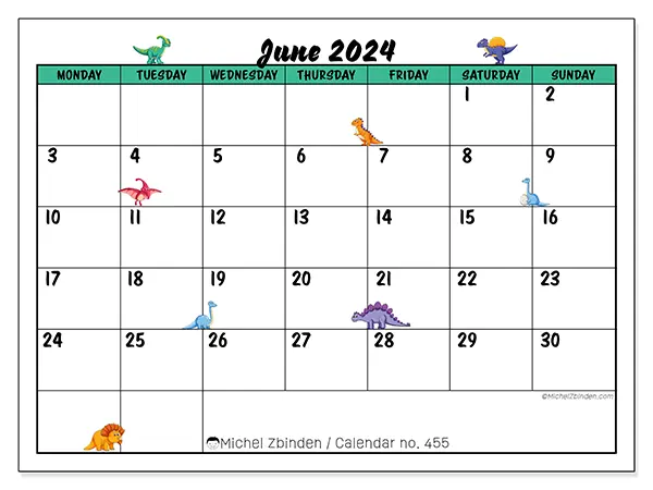 Free printable calendar n° 455 for June 2024. Week: Monday to Sunday.