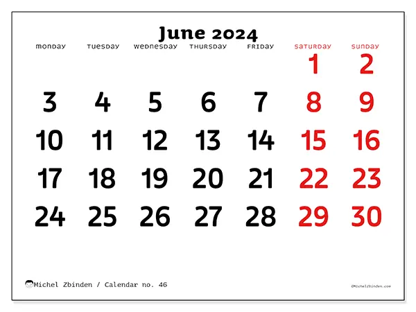 Free printable calendar no. 46 for June 2024. Week: Monday to Sunday.