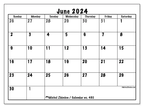 Free printable calendar no. 480 for June 2024. Week: Sunday to Saturday.