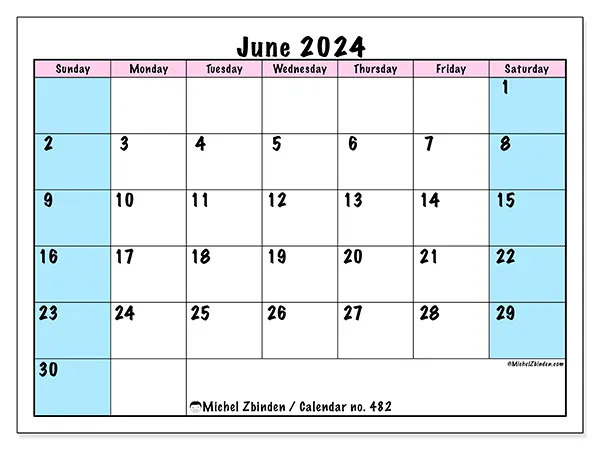 Free printable calendar no. 482 for June 2024. Week: Sunday to Saturday.
