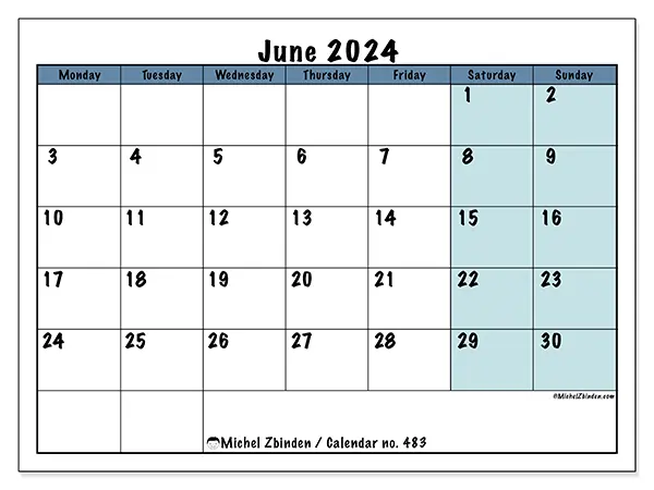 Free printable calendar no. 483 for June 2024. Week: Monday to Sunday.