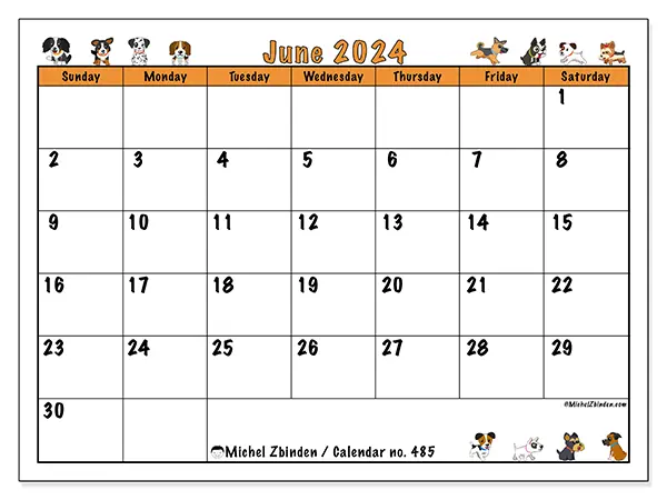 Free printable calendar no. 485 for June 2024. Week: Sunday to Saturday.